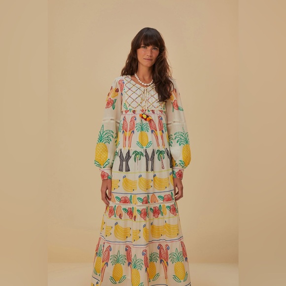 Farm Rio Off-White Tropicolors Yoke Embroidered Midi Dress - Picture 2 of 10